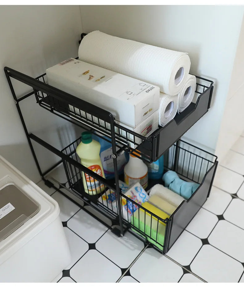 Under The Kitchen Sink Storage Rack Drawer Type Can Be Pushed and Pulled Under The Cabinet Telescopic Double Shelf